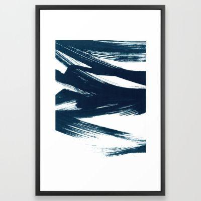 Gestural Abstract Indigo Blue Brush Strokes Art Print with frame 24" x 36"