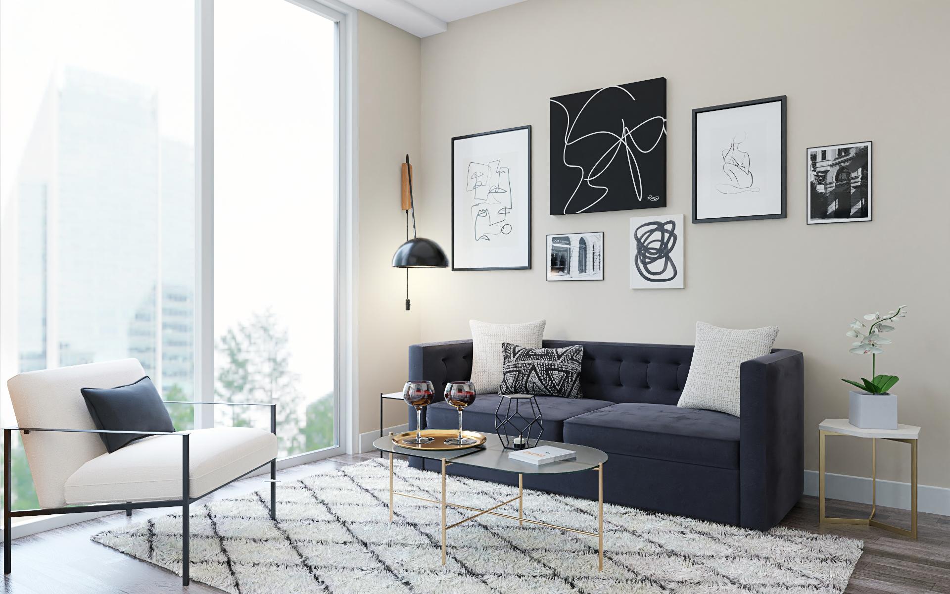 Dramatic Monochromatic Mid-Century Living Room | Spacejoy