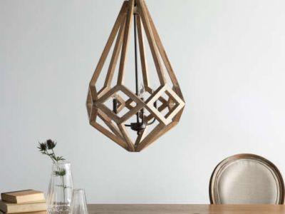 Wooden prism chandelier with wrought iron candelabra