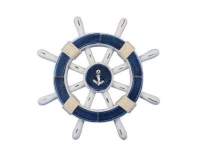 Rustic Dark Blue And White Decorative Ship Wheel With Anchor 12"