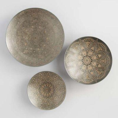 Zinc and Gold Metal Etched Disc Wall Art Set of 3