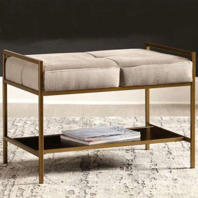 Modern Design Grey Velvet Upholstered Accent Bench with Shelf