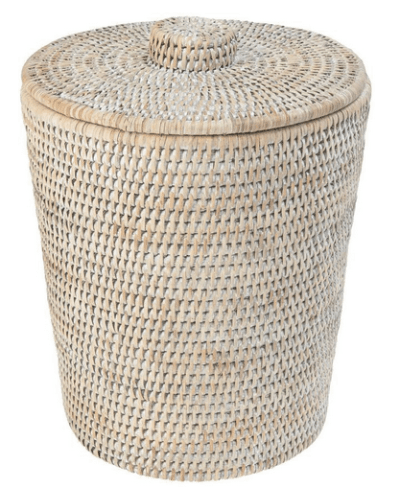 KOUBOO La Jolla Rattan Round Waste Basket with Plastic Insert & Lid, White Wash