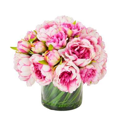 Faux Magenta & Pink Peony Floral Arrangement in Glass Vase