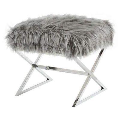 Elora Grey/Chrome Upholstered X-Leg Faux Fur Ottoman