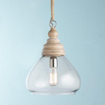 Pickled Wood and Clear Glass Pendant Bell Glass