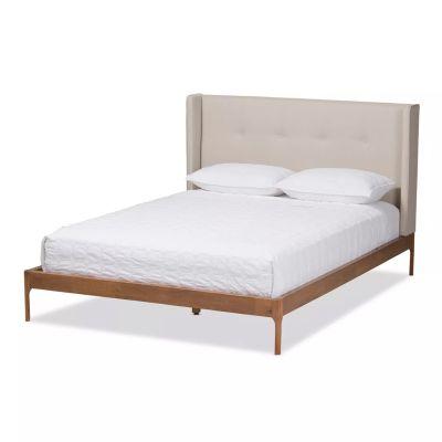 Brooklyn Mid Century Modern Walnut Wood Fabric Upholstered Platform Bed - Baxton Studio-Full