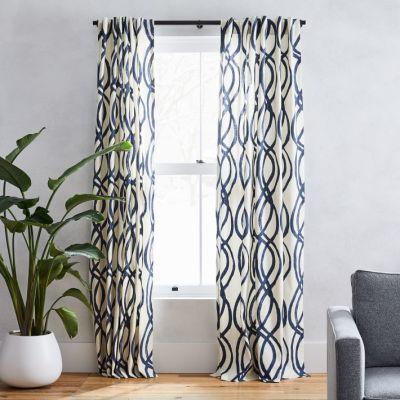 Cotton Canvas Scribble Lattice Curtains (Set of 2) - Midnight Blue