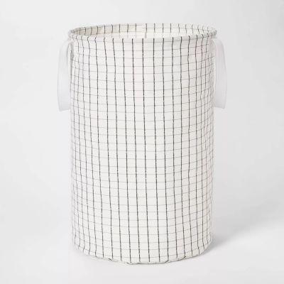 Soft Sided Scrunchable Round Laundry Hamper Grid Pattern White