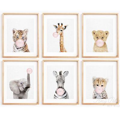 Safari PINK Bubble Gum Animal Art With Frame 11''x14''