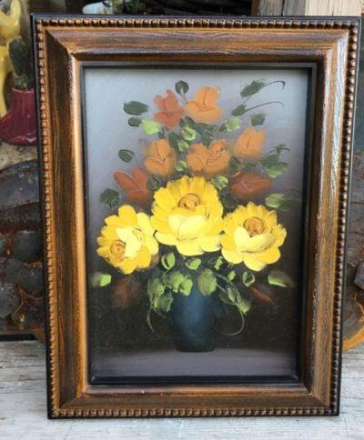 Small Oil Painting of Yellow Roses Flower Bouquet in Faux Wood Frame