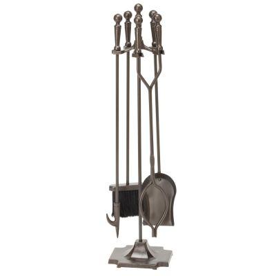 Bronze 5 Piece Fireplace Tool Set with Ball Handles and Pedestal Base