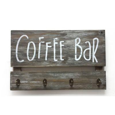 Coffee Bar Wood W and 4 Hooks Wall Decor
