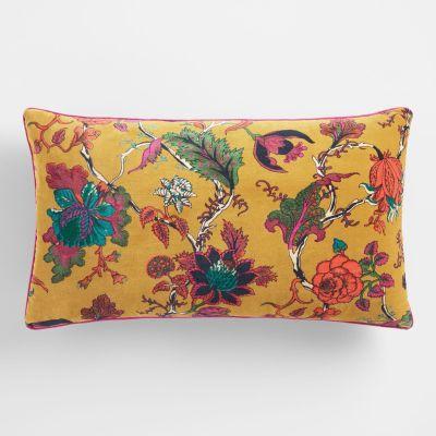 Mustard Floral Velvet Lumbar Pillow