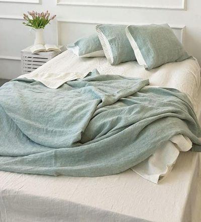 Reversible linen DUVET COVER in bluish green off white or striped pillow