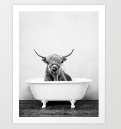 Highland Cow in a Vintage Bathtub (bw) Art Print