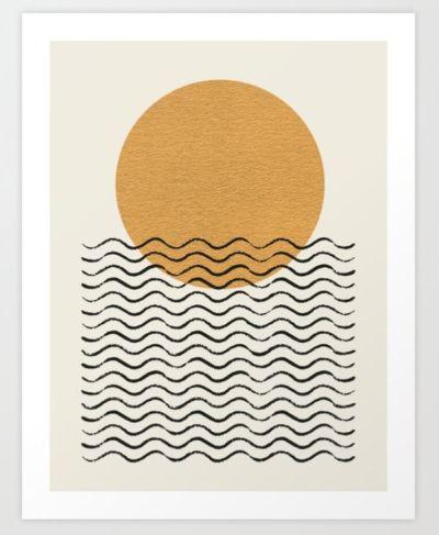 Ocean wave gold sunrise mid century style Art Print