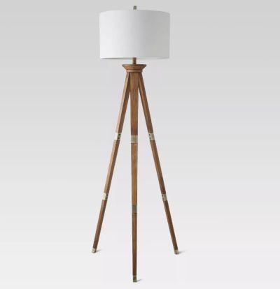 Oak Wood Tripod Floor Lamp Brass