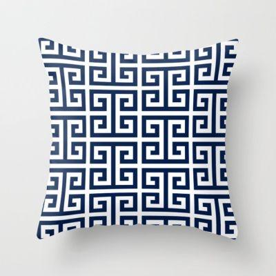 Dark Navy Blue and White Greek Key Pattern Throw Pillow With Insert-16"x16"