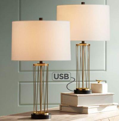 Nathan Gold Cage USB Table Lamps Set of 2