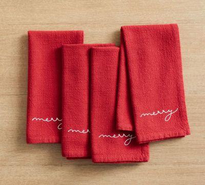 Merry Embroidered Cotton Napkins  Set of 4
