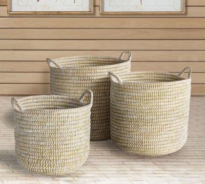 Dahlia White Rivergrass Handled Baskets