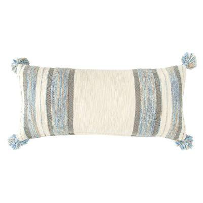 Blue Grey & Cream Striped Cotton Blend Lumbar Pillow With Tassels With Insert-36"x16"