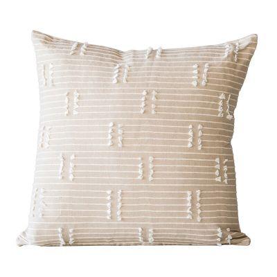 Taupe Square Cotton Woven Pillow With Mini Tassels With Insert-18"x18"