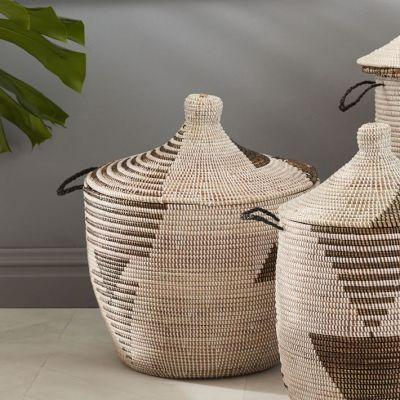 Graphic Woven Lidded Baskets - Black/White