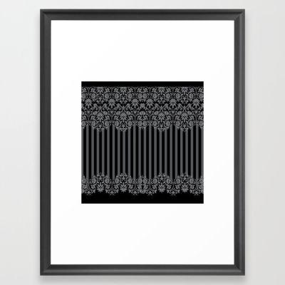 Black and Gray Floral Damask Pattern Framed Art Print