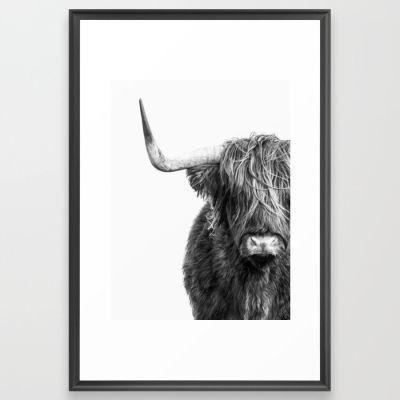 Highland Cow Portrait Black and White Framed Art Print