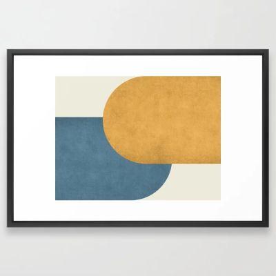 Halfmoon Colorblock White Blue on Gold Framed Art Print