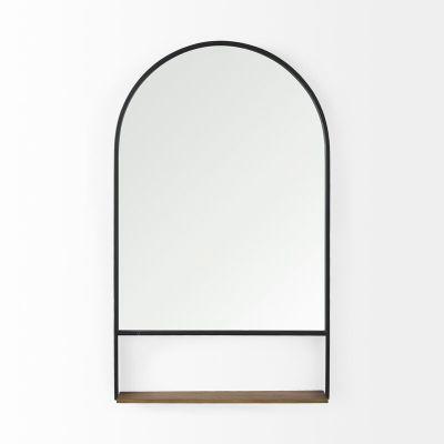 Gagny Black Metal Frame Brown Wooden Shelf Arched Wall Mirror