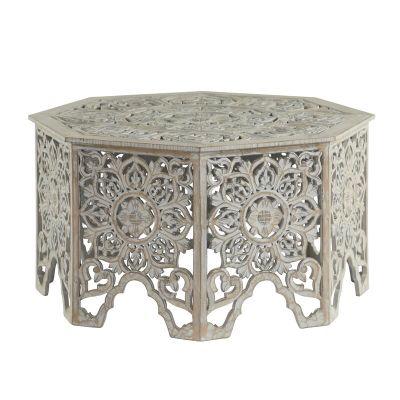 Coraline Gray-Washed Decorative Carved Wood Coffee Table
