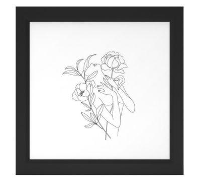 Minimal Line Art Woman with Peonies With Frame