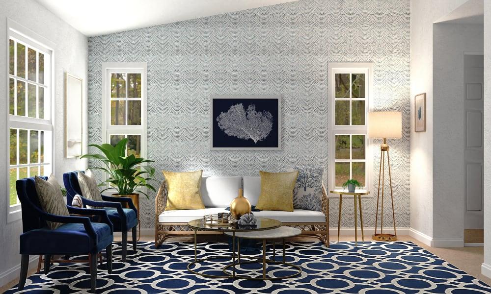 Shades Of Blue Give This Glam Coastal Living Room An Oceanic Touch