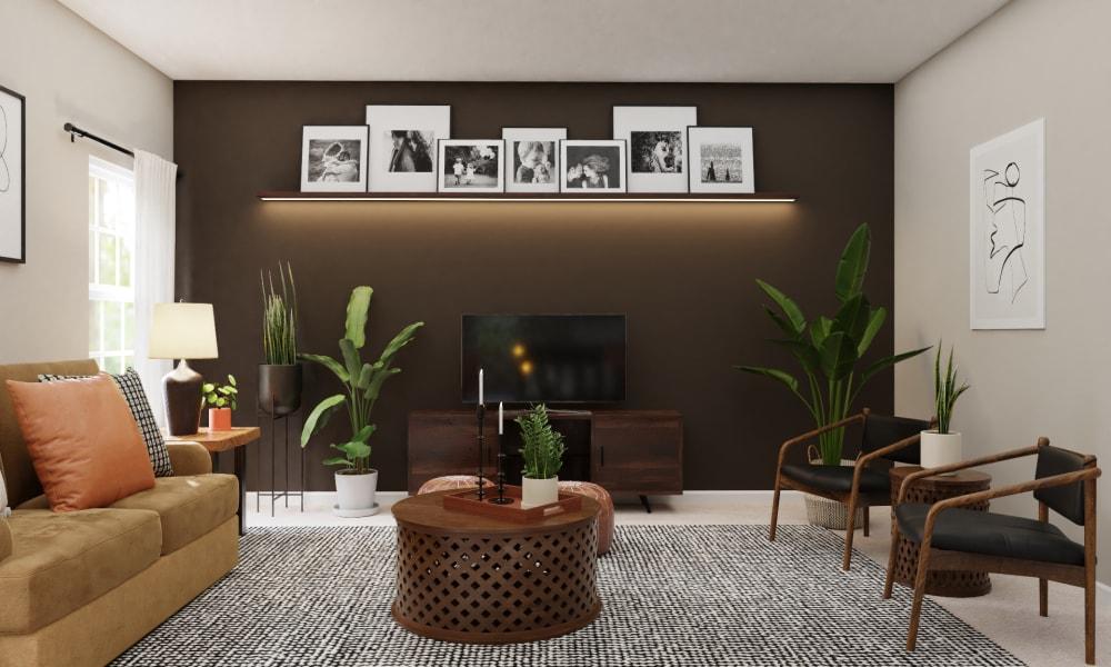 Brown Accent Wall: Rustic Mid-Century Living Room