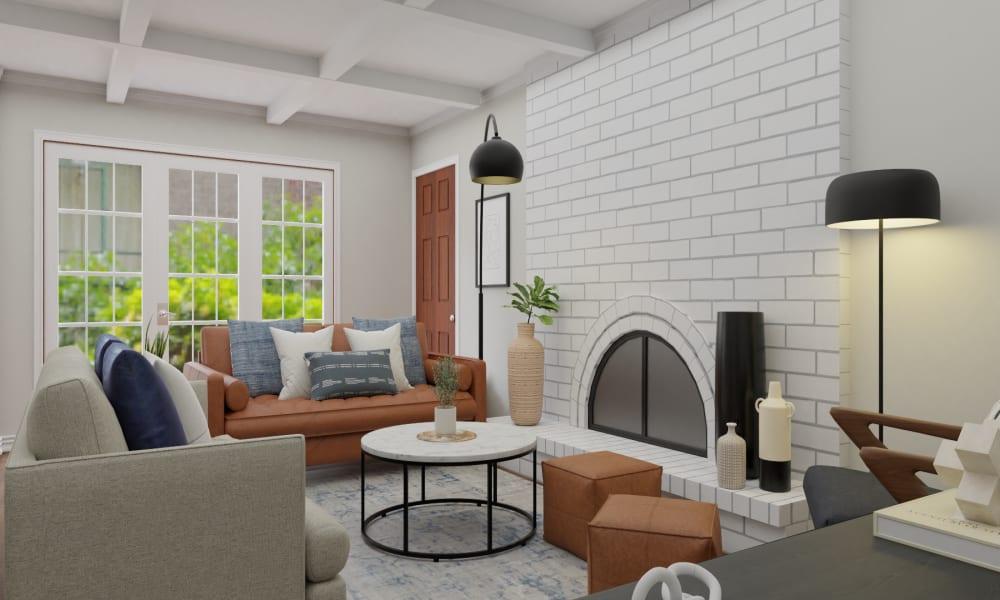 An Industrial Living Room With A Cozy Fireplace