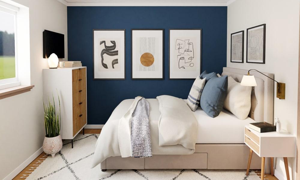 A Mid-Century Blue Bedroom With A Home Office