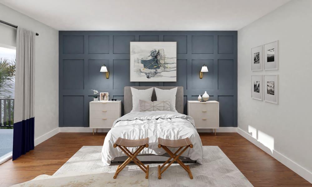A Calm Coastal Transitional Bedroom In Blue Hue