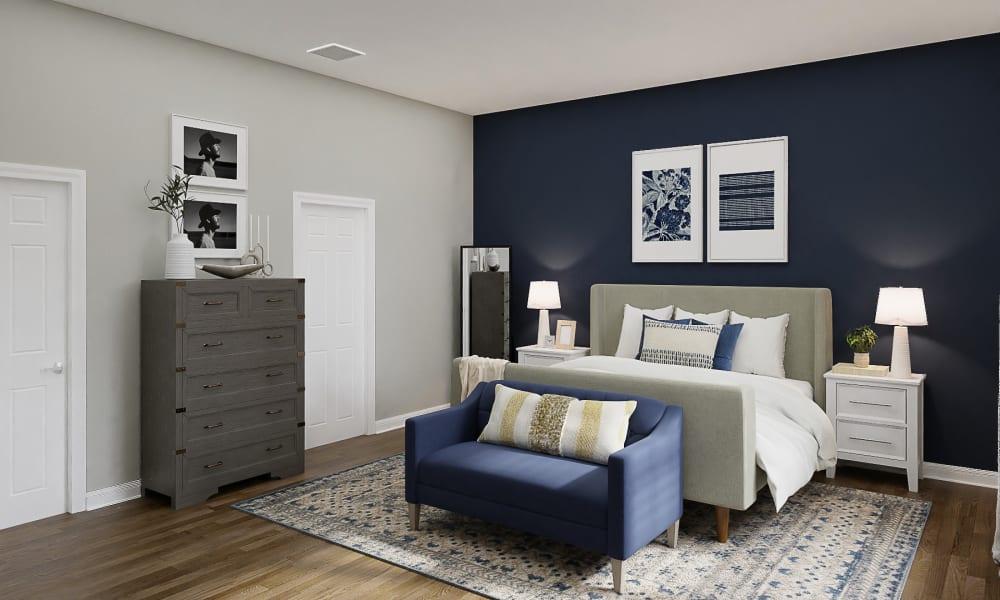 A Navy Blue Transitional Bedroom Filled With Warmth