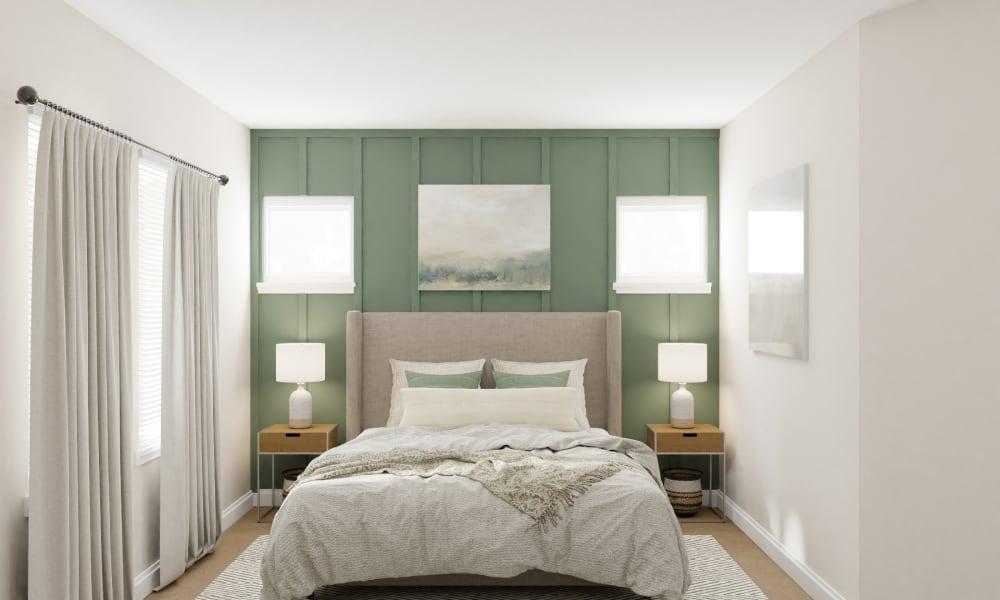 A Modern Transitional Bedroom With Sage Accent Wall