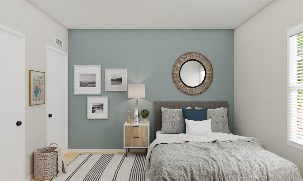 Mid Century Modern Bedroom With Sky Blue Accent Wall