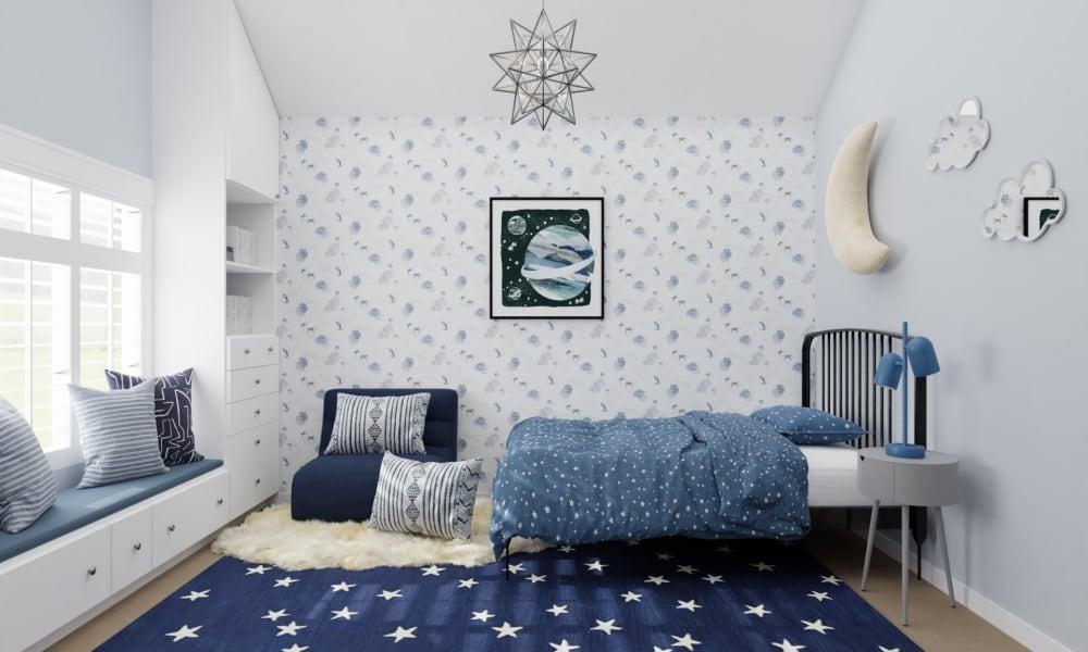 Galaxy Themed Blue Children’s Room With Star Bedding