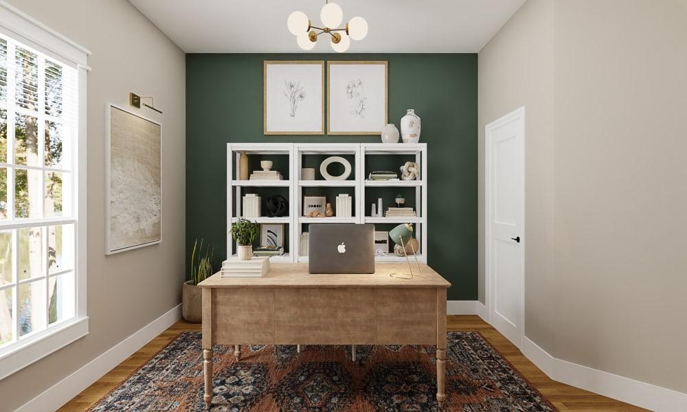 Transitional Home Office With Green Accent Wall