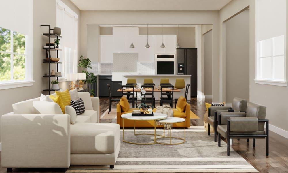 Contemporary Open Living-Dining Room With Mustard Accents