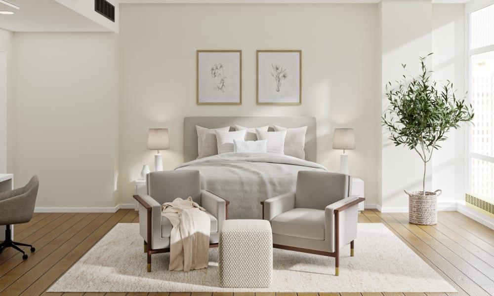 Dreamy White Minimalist Bedroom With Seating Area