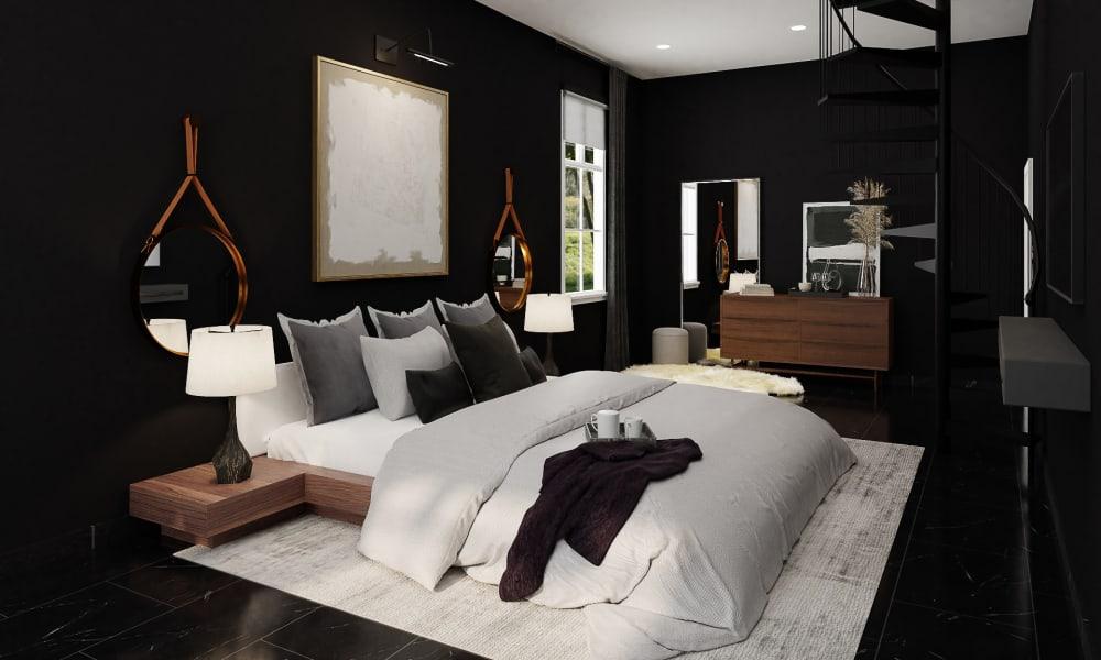 Modern Glam Masculine Bedroom With Black Walls