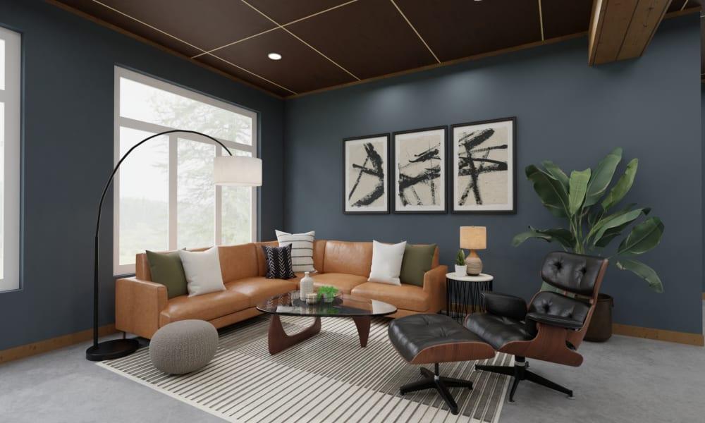 Industrial Living Room With A Saddle Sectional & Dark Gray Walls