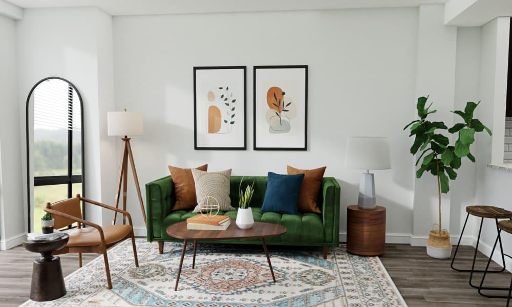 A Cozy Mid Century Modern Living Room With Green Velvet Sofa